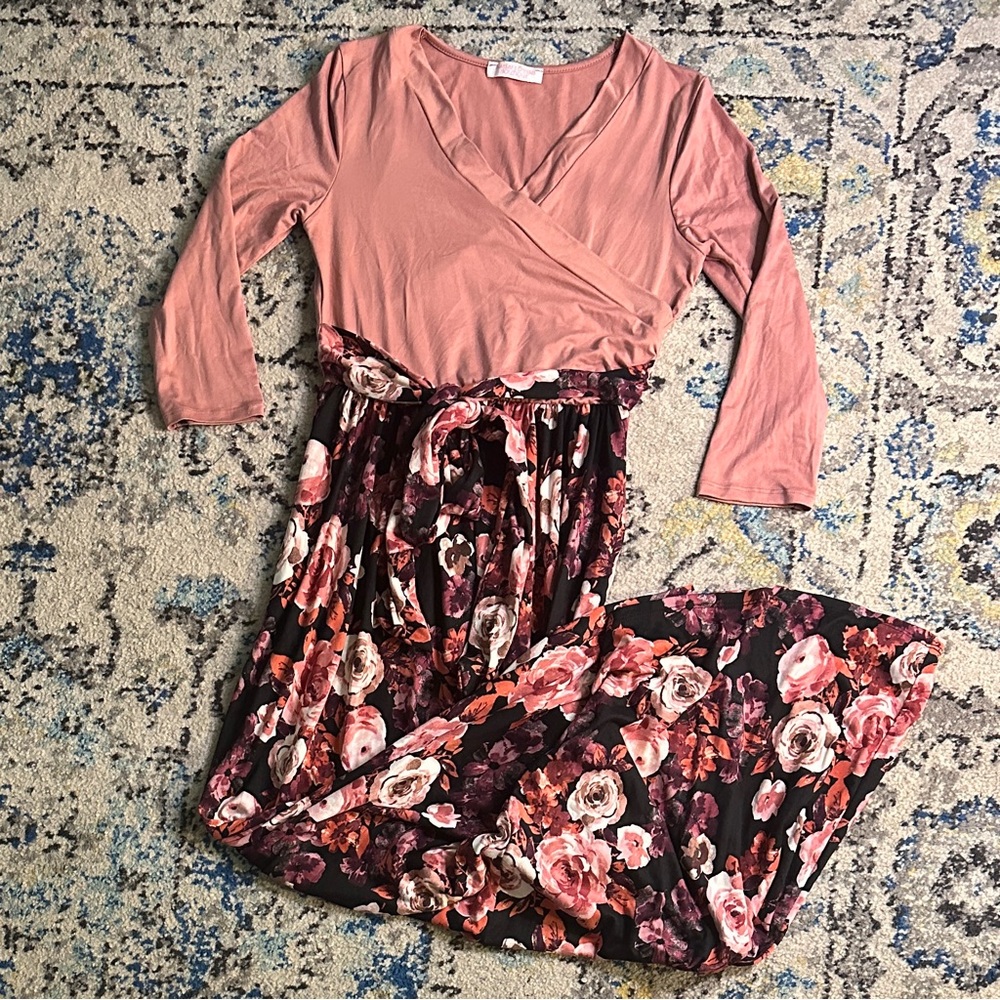 Dusty Rose & Black Floral Maxi Wrap Dress with Tie Waist